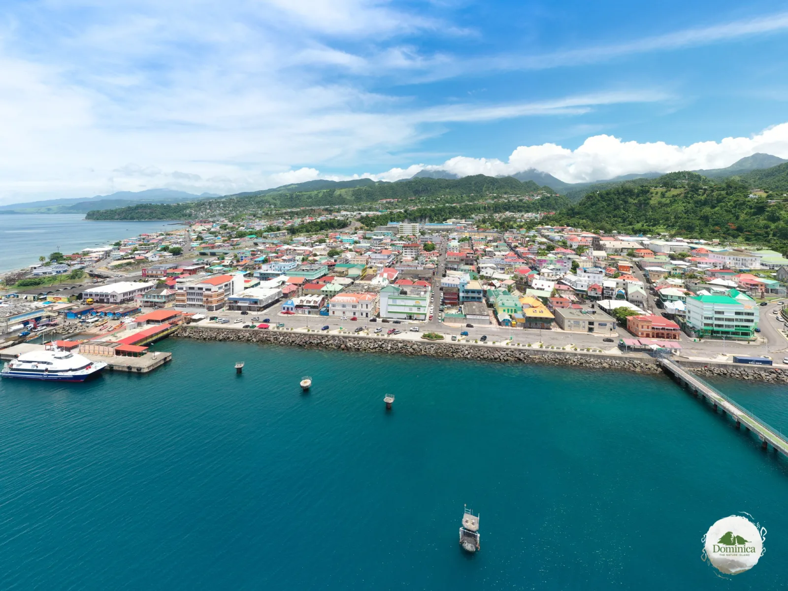 Roseau waterfront and the mountains behind the capital